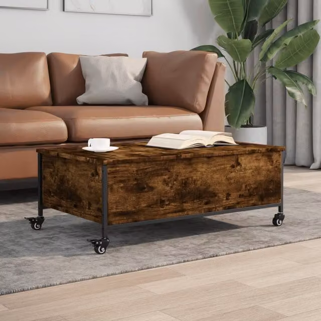 Berkfield Home Smoked Oak Coffee Table with Castors, Brown, W: 91 cm, D: 55 cm, H: 34 cm – 1