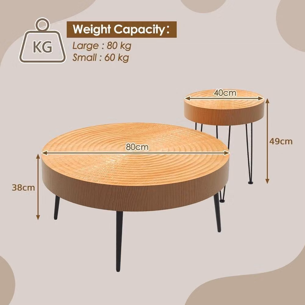 NESTLUNE Set of 2 Modern Round Nesting Coffee Tables in Brown Wood and Metal – 2