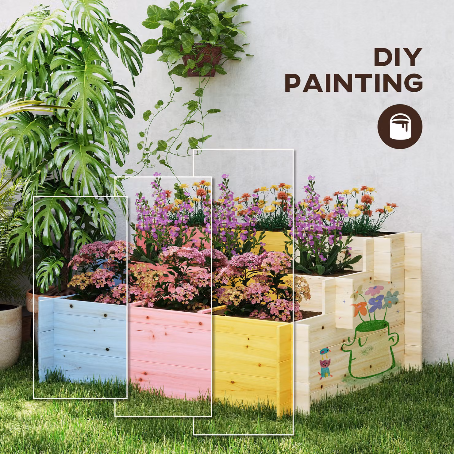 Outsunny 3 Tier Black Wooden Raised Garden Beds with 9 Grow Grids for Vegetables, Flowers and Herbs – 6