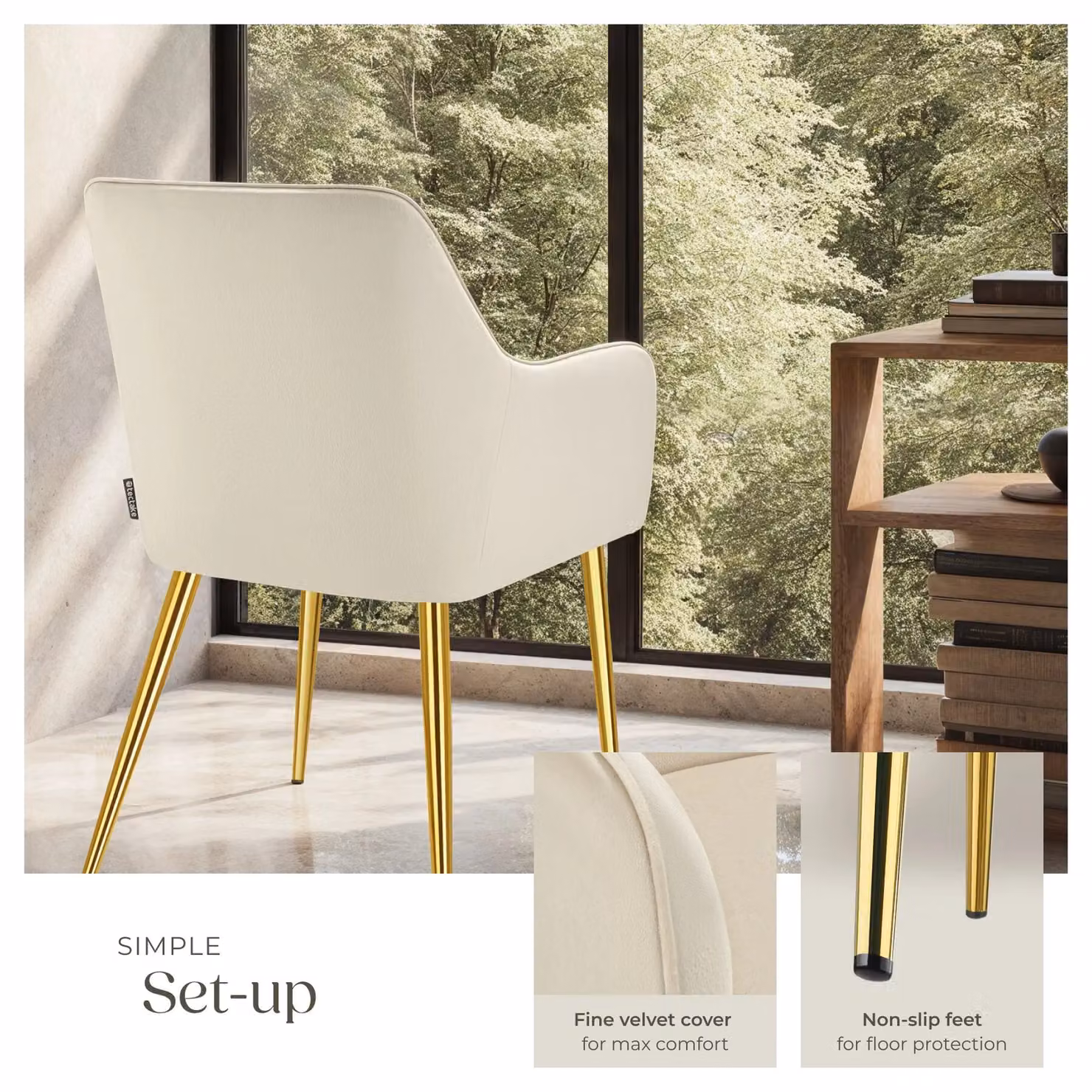 tectake Avane Set of 2 Modern Velvet Dining Chairs with Armrests in Beige – 2