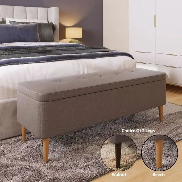 SPETLEK Large Grey Fabric Upholstered Wood Storage Bench Window Seat W/D/H: 100 x 50 x 50 cm