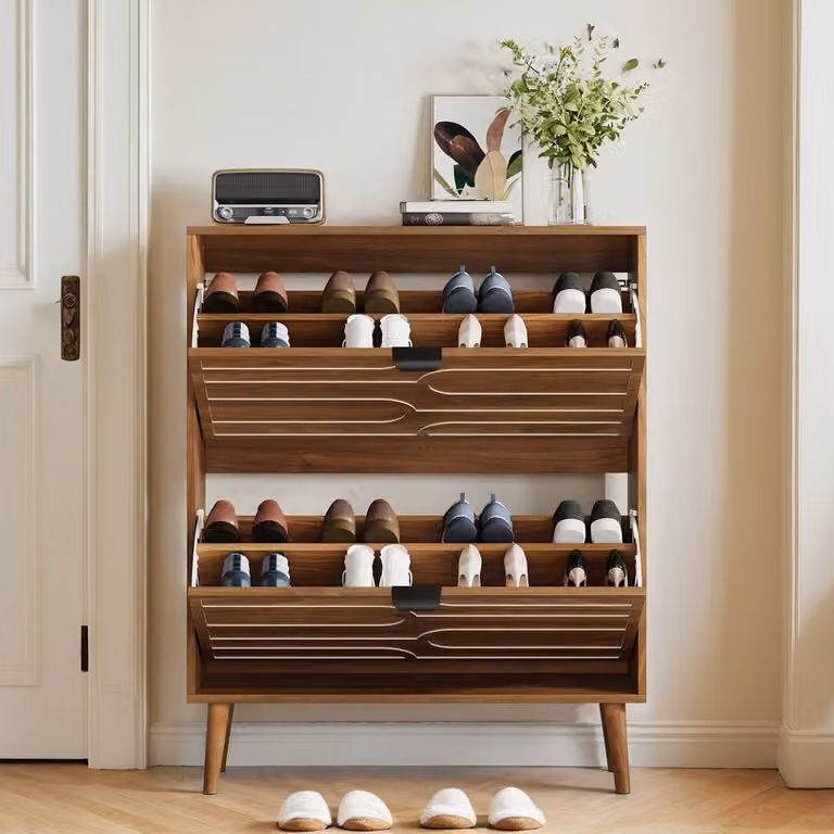 Merax Mid-Century Walnut Shoe Storage Cabinet with Tilting Compartments and Internal Shelves, Brown