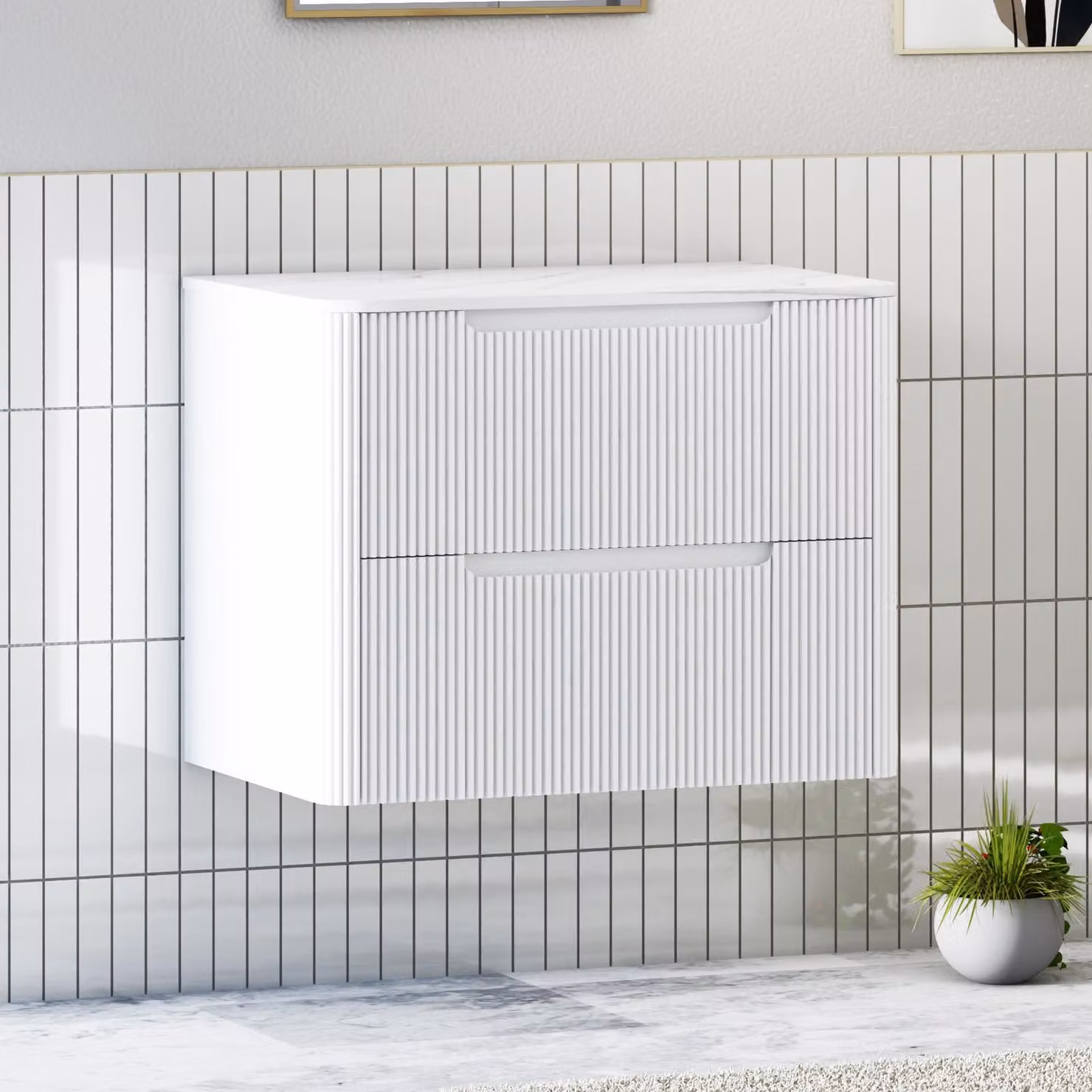 Royal Bathrooms Avenza 800mm Matt White Wall Hung 2 Drawer Vanity Unit with Carrara White Undrilled Worktop