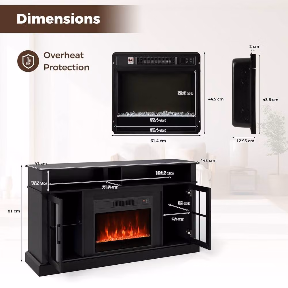 Gymax Modern Black Electric Fireplace TV Stand and Media Console with Integrated Lighting and Glass Details – 2