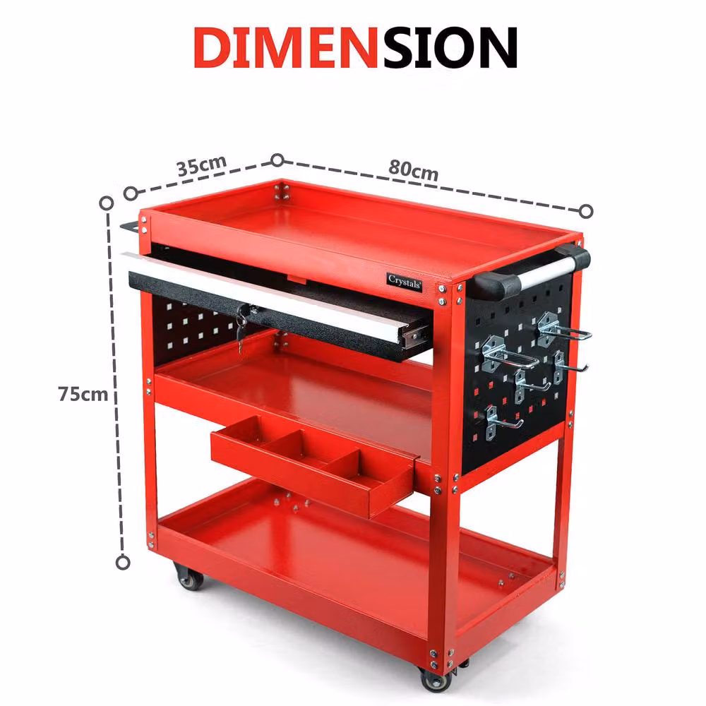 Crystals 3 Tier Workshop Tool Trolley Cabinet with Drawer and Wheels, Red, W: 52 cm, D: 52 cm, H: 75 cm – 2