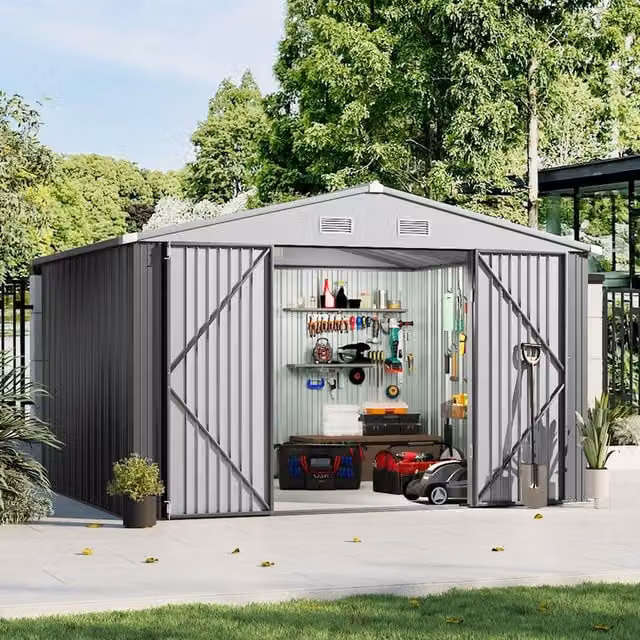Breeins Metal Outdoor Storage Shed with Lockable Door in Grey and White