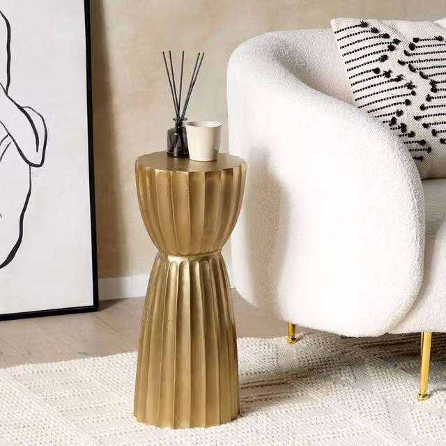 Wyld and Coco Zenith Gold Aluminium Distressed Pillar Side Table, Diameter: 24 cm