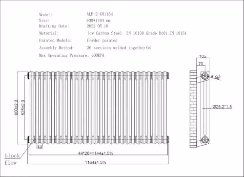 UK Radiators Alpha Raw Metal 2 Column Steel Radiator in Silver, H600 x W1164 mm – 4