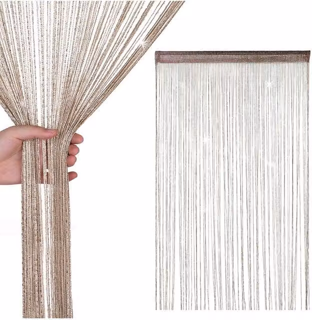 Neel Blue Glitter String Curtain in Light Sand, Polyester Fringe Spaghetti Tassel Panel, W: 90 cm, H: 200 cm – 1