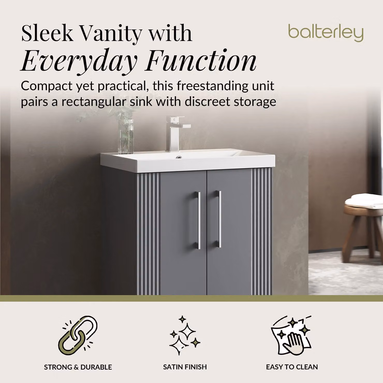Balterley 2 Door Floor Standing Bathroom Vanity Unit with Thin-Edge Basin, Satin Grey – 2