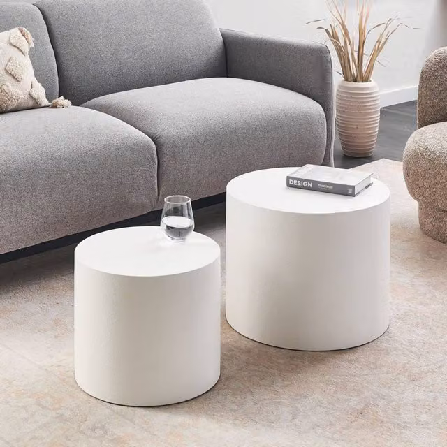 Wyld and Coco Set of 2 Round Nesting Coffee Tables with White Matt MDF Tops
