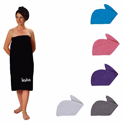 Duncan Stewart Personalised Women's Towelling Sarong and Hair Turban Wrap Set in Black – 1