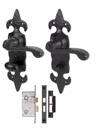 Golden Grace Fleur De LYS Bathroom Handles, 1 Pair, Matt Black, 64mm Lock