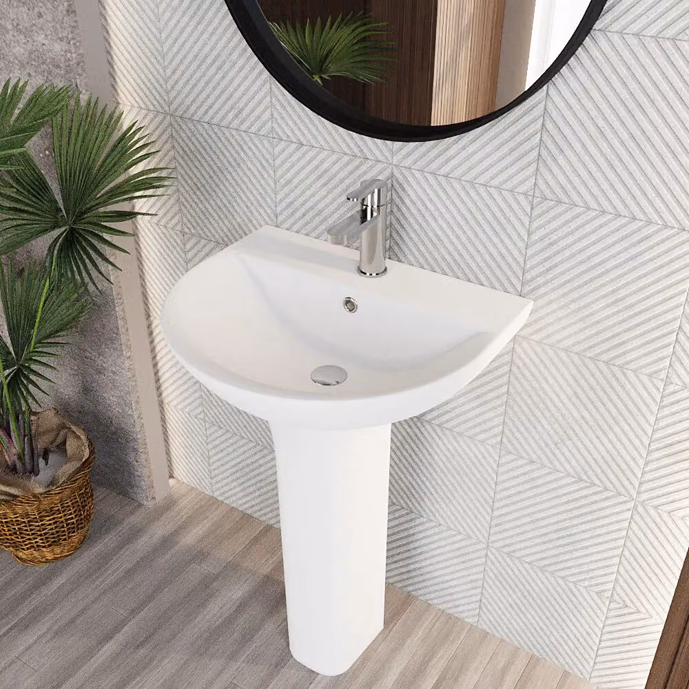 Balterley Round Ceramic 1 Tap Hole Basin with Full Pedestal, White, W: 560 mm – 3