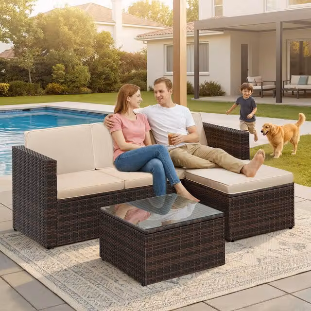 SONGMICS Modern Brown PE Rattan Garden Furniture Set with Metal and Glass Details