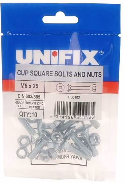 Unifix Grade 4.8 Galvanised Steel Cup Square Hex Bolts and Nuts in Silver