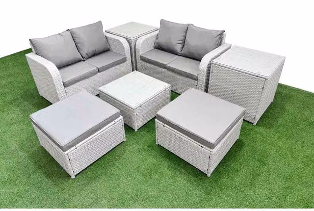 Fimous 6-Seater Rattan Garden Set in Grey with Coffee Table, 2-Seater Sofa and Ottoman