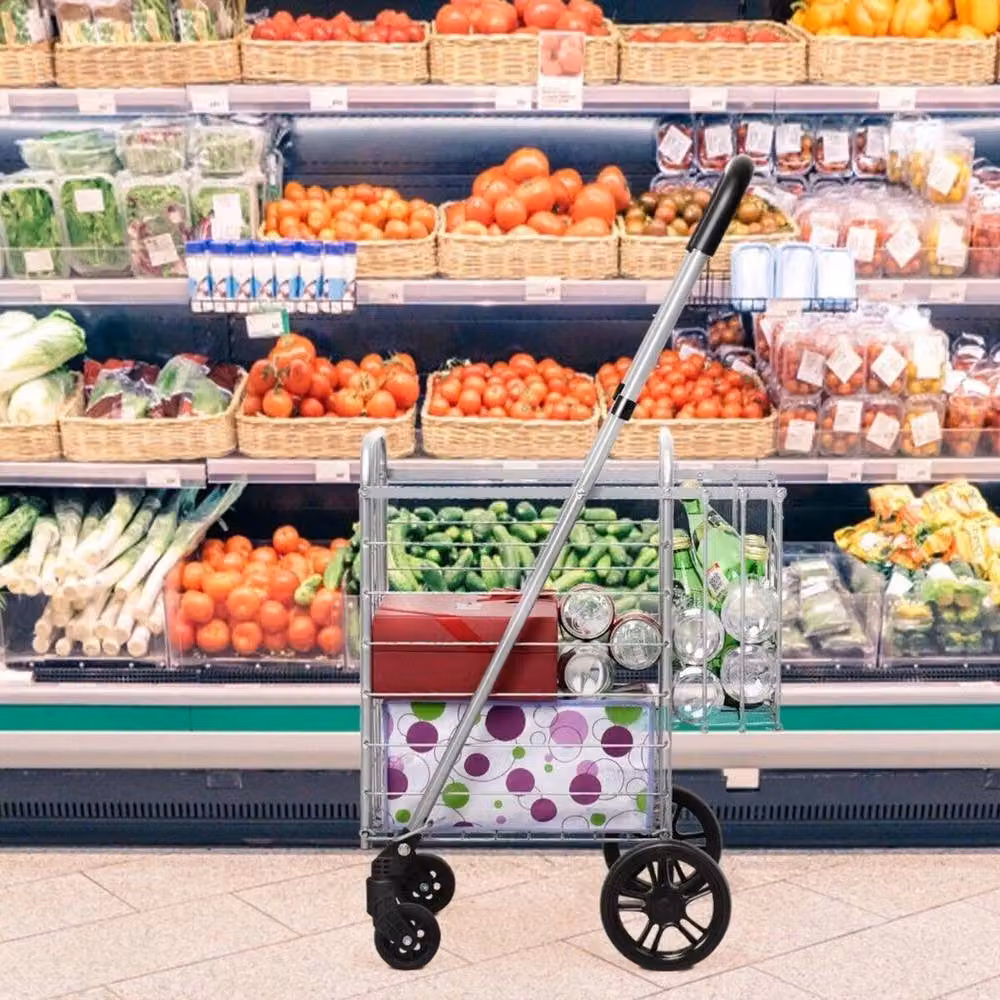 Ventryn Double Basket Foldable Shopping Cart, Portable Utility Grocery Cart in Grey and Silver – 3