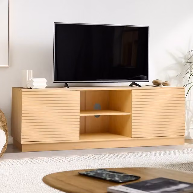 Livingandhome Large Slatted Wooden TV Stand in Brown and Beige Vintage Style