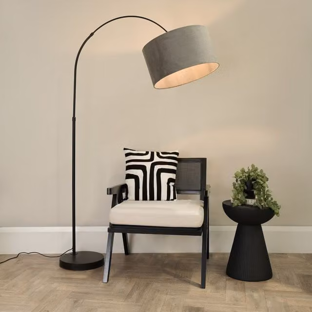 ValueLights Louis Black Arched Curved Floor Lamp with Grey Velvet Drum Shade and LED Bulb
