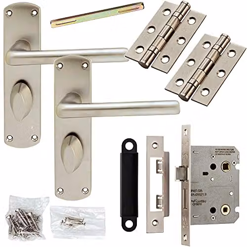 Loops Door Handle and Bathroom Lock Pack in Satin Chrome with Long Backplate
