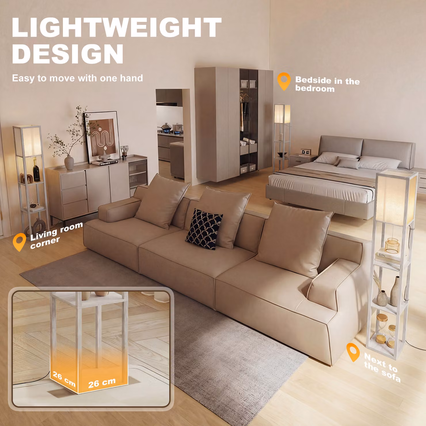 HOMCOM 3-Tier Floor Lamp with Shelves in White and Wood for Living Room, Bedroom or Office – 6