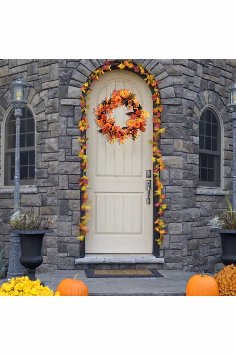 Living and Home Orange Pre-Lit Autumn Wreath with Maple Leaves and Pine Cones, Diameter: 60 cm – 2
