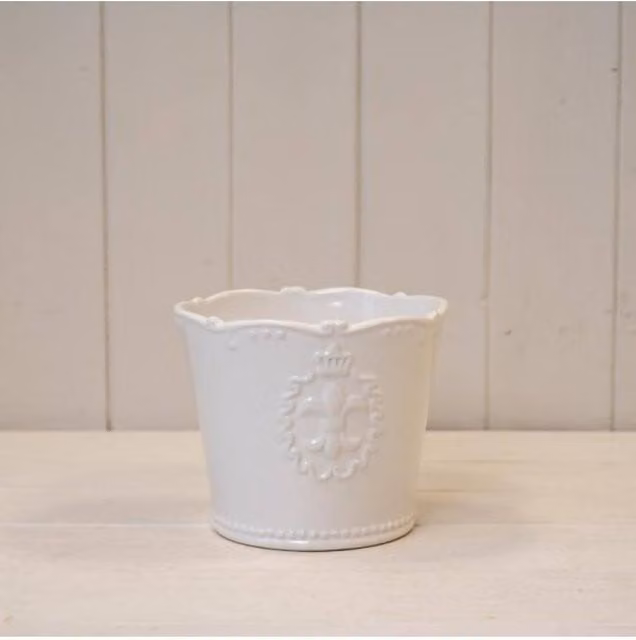 KDMD Fleur De Lis Large White Ceramic Round Tabletop Pot