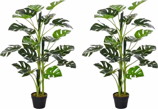 Outsunny Set of 2 Artificial Monstera Trees, Green Decorative Cheese Plants with Nursery Pot, Height: 100 cm