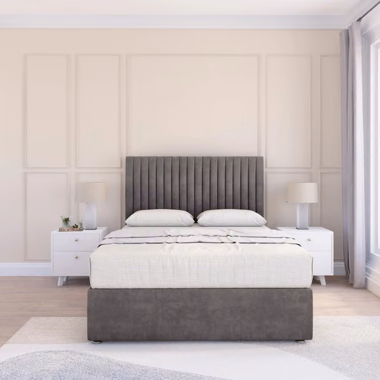 Sloomy Manhattan Small Double Divan Bed Base and 26 inch Struts Headboard in Grey Velvet Fabric, W/D/H: 120 x 200 cm