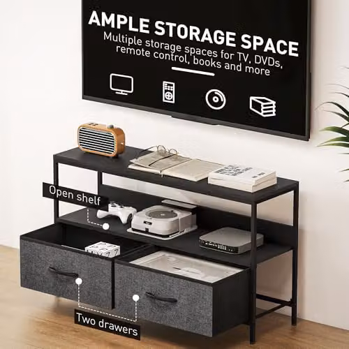 HOMCOM Industrial Black Metal TV Cabinet with Media Compartments and 2 Foldable Linen Drawers, W/D/H: 98.0 x 29.0 x 56.0 cm – 4