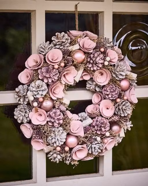 Dibor Pink and White Rose Christmas Wreath, Diameter: 38 cm