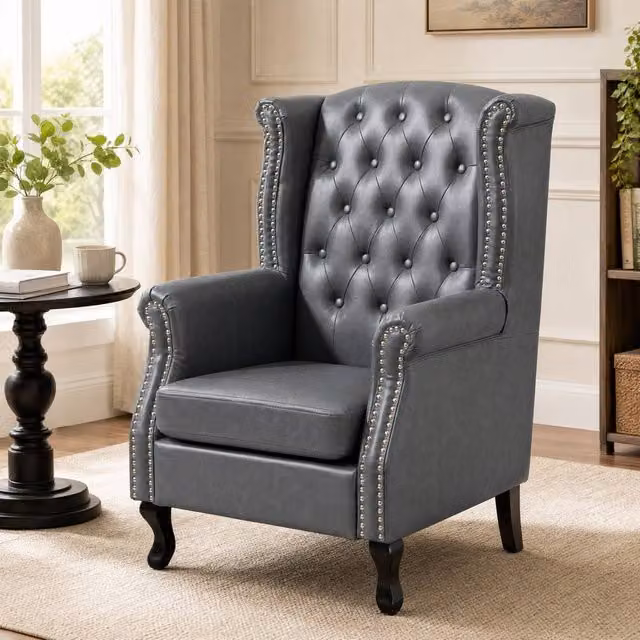 STILVORA Chesterfield Armchair with Grey Faux Leather Upholstery and Solid Wood Frame