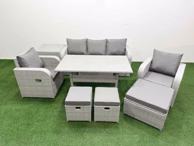 Fimous PE Rattan Garden Furniture Set in Light Grey with Reclining Chairs, Sofa, Rectangular Dining Table, Side Table and 3 Stools