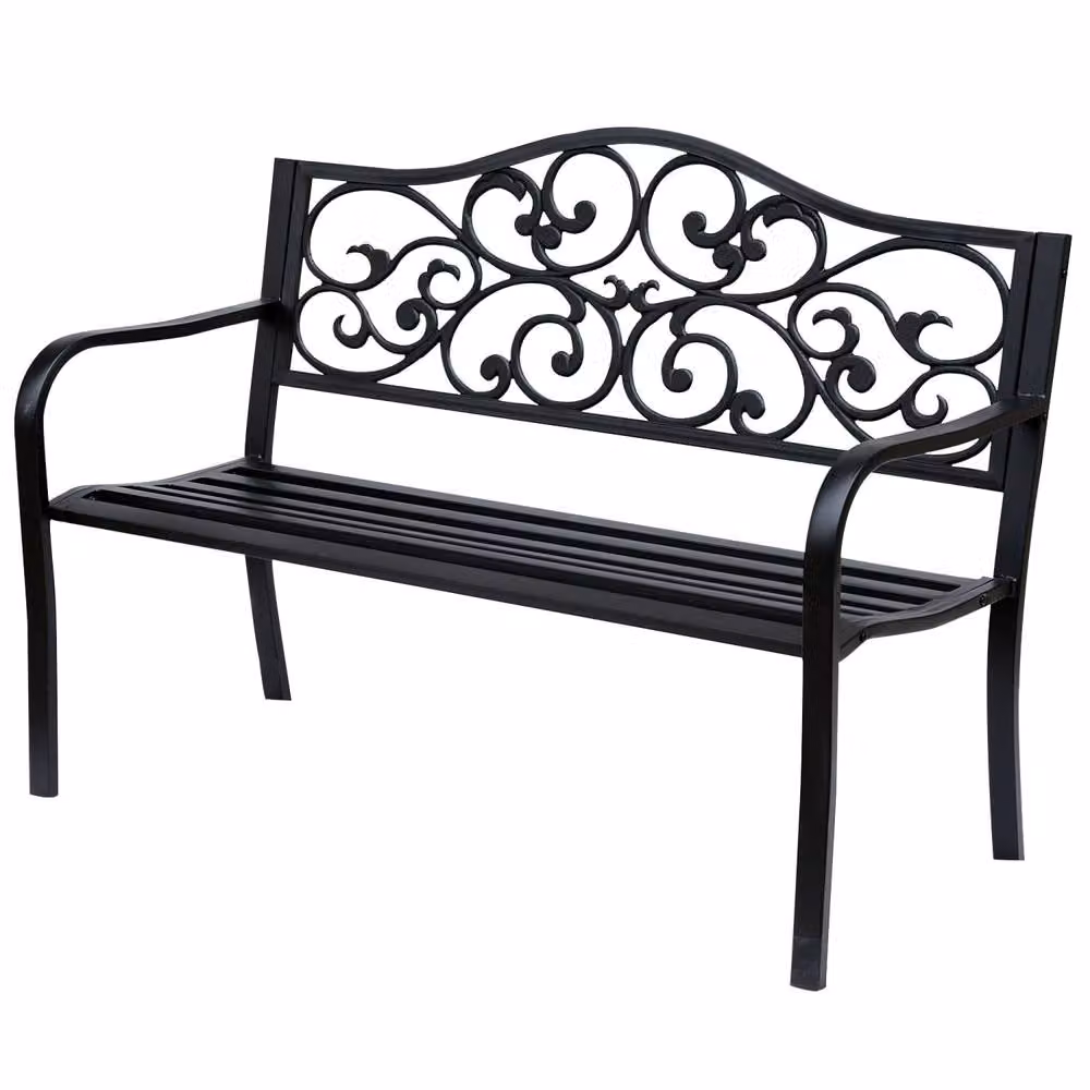 Wyld Haus Faneso 2 Seater Garden Bench in Matt Black Metal with Floral Backrest and Armrests – 2