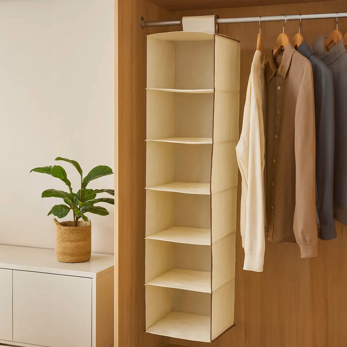 Orsina 6-Section Hanging Garment Organiser in Beige and Brown Polyester – 2