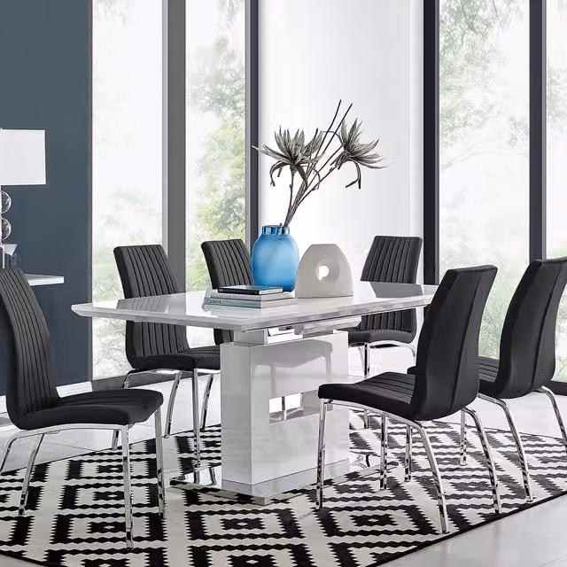 FurnitureboxUK Arezzo Large Extending Rectangular Dining Table and 6 Isco Chairs in Black and White