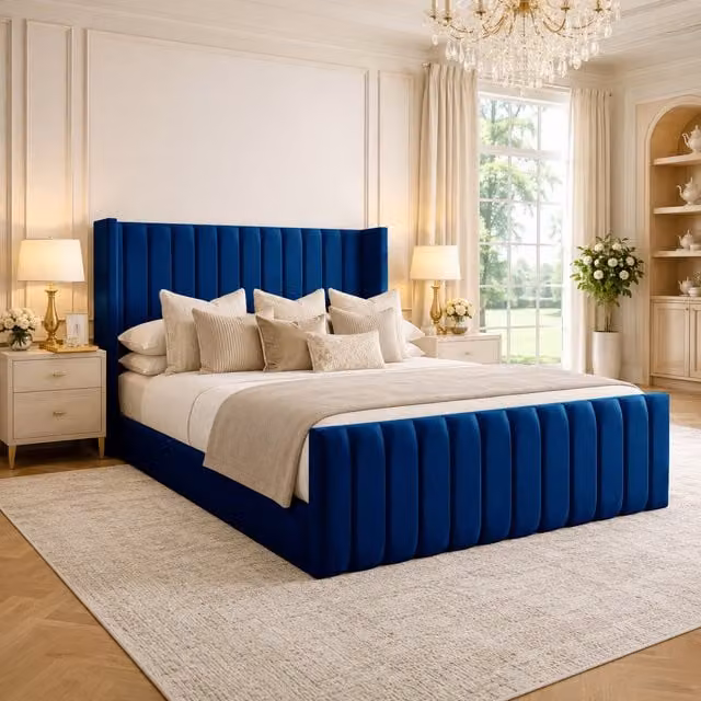 Desire Deco Edward Plush Velvet Upholstered Panel Bed in Blue, W/D/H: 180 x 200 cm