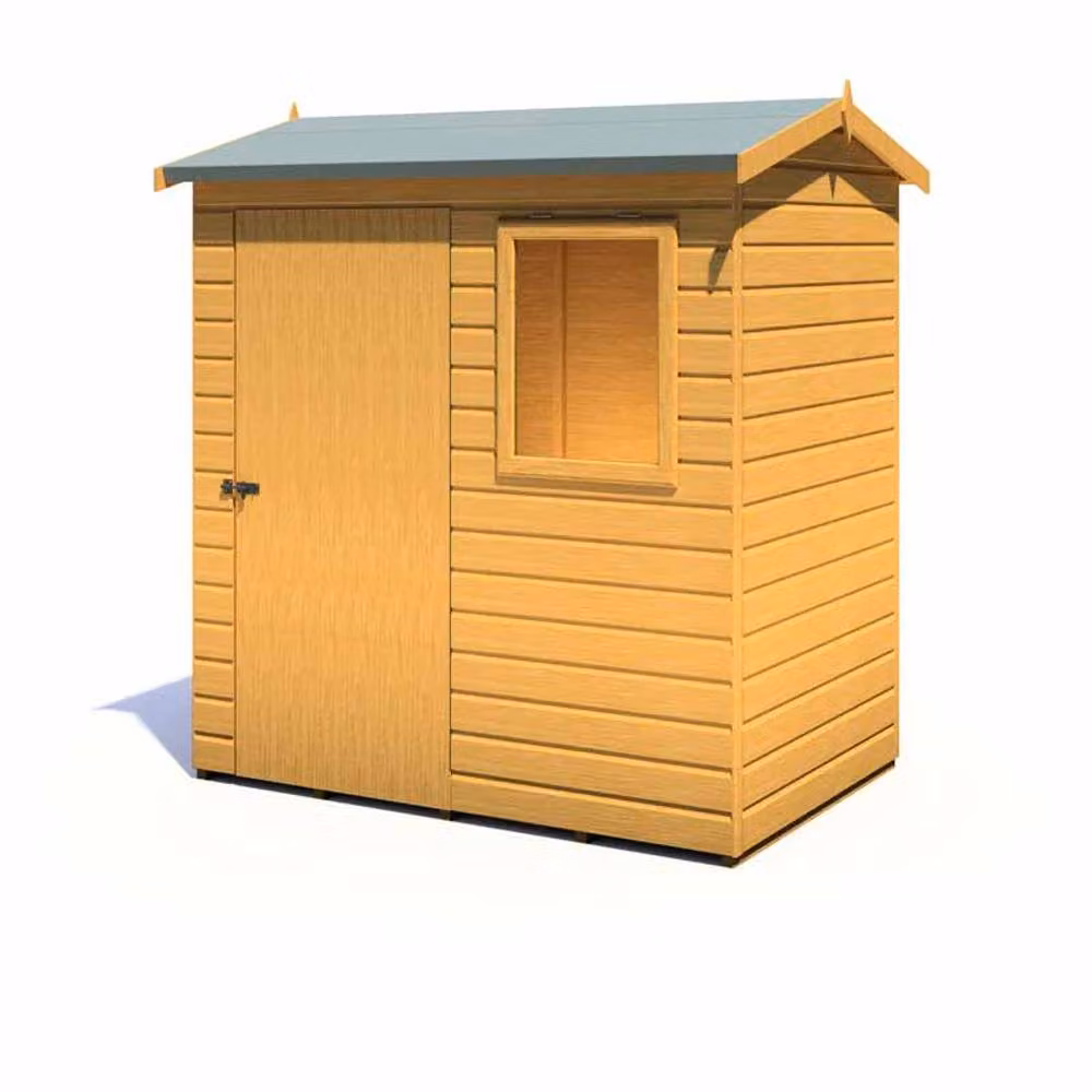 Shires Lewis Single Door Reverse Apex Style Wood Garden Shed in Brown, W: 182.88 cm, D: 121.92 cm – 2