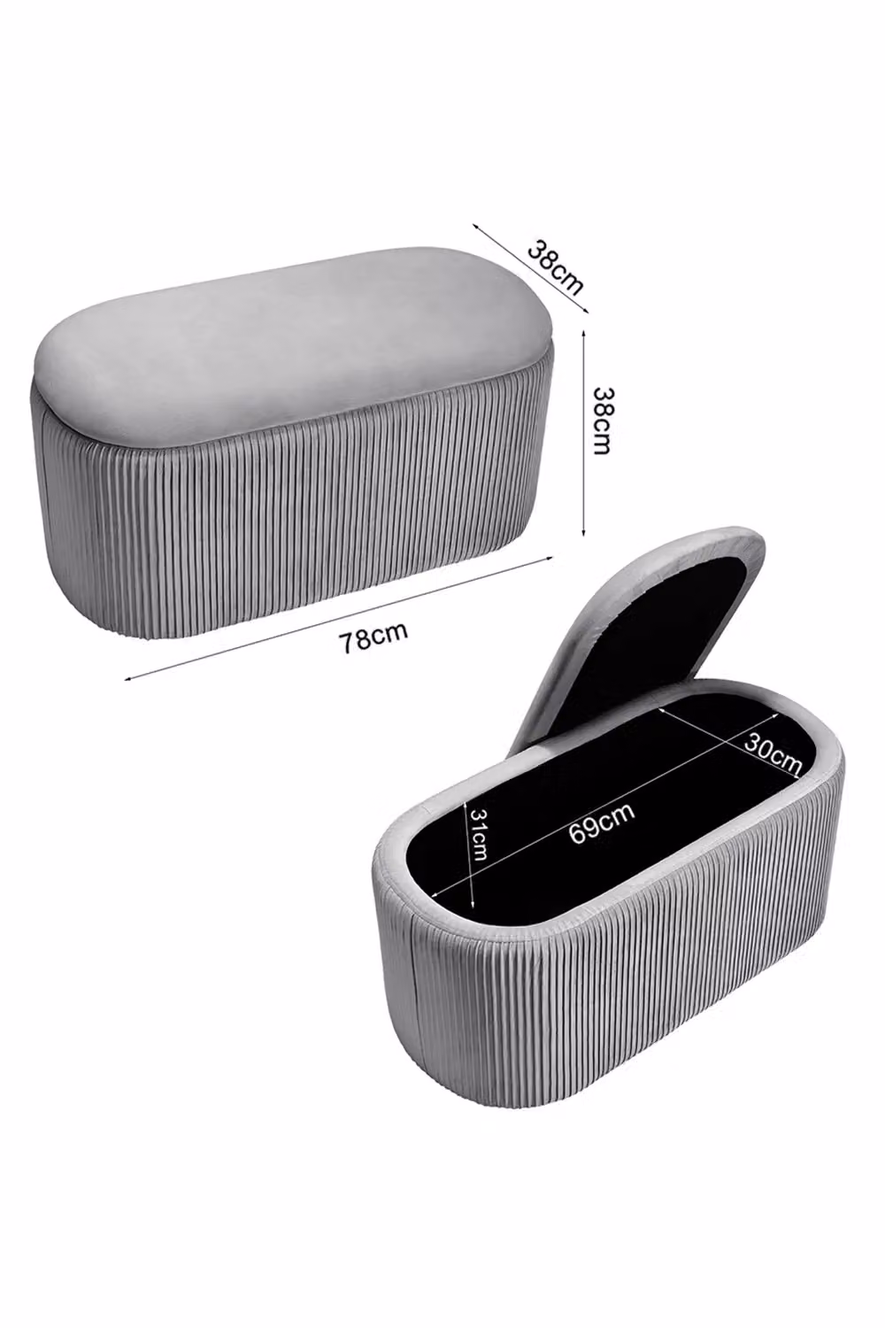 Living and Home Maliyah Grey Velvet Oval Storage Footstool – 4