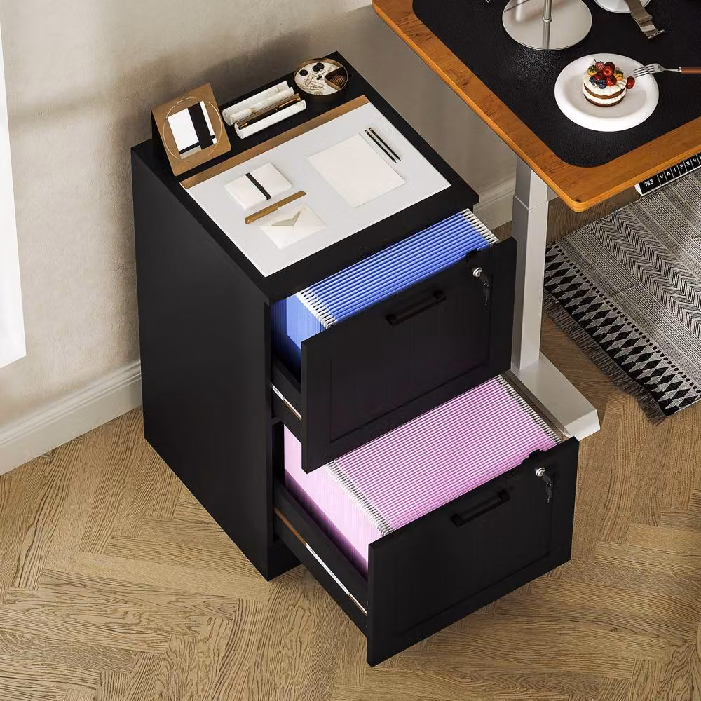 Rolipo Black 2-Drawer Lockable Metal Filing Cabinet with A4 Letter Hanging Rails – 7