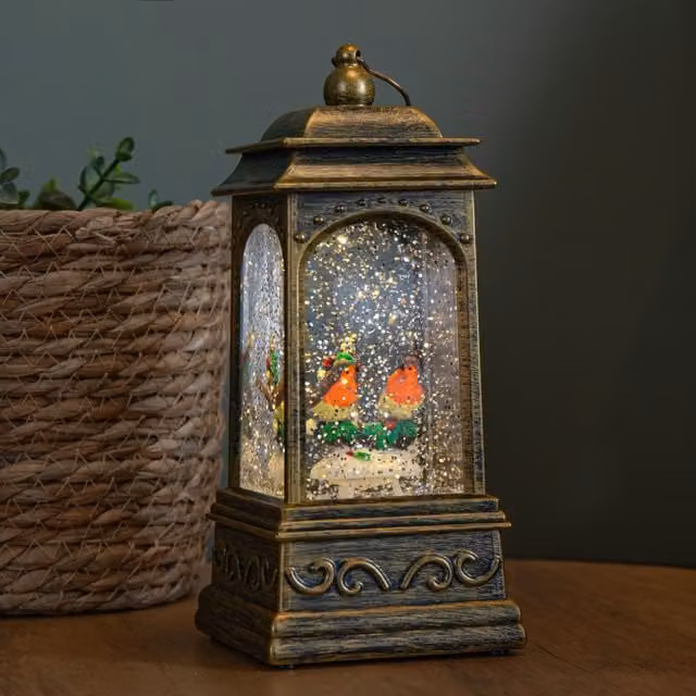 Samuel Alexander Bronze Christmas Robin Glitter Water Spinner Lantern Decoration with LED Light, 21 cm