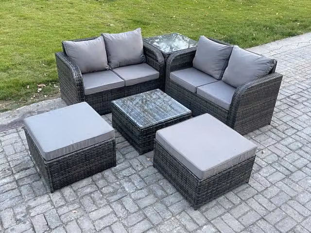 Fimous 6 Seater Grey Rattan Garden Furniture Set with L-Shape High Back Sofa, Square Coffee Table and 2 Ottomans