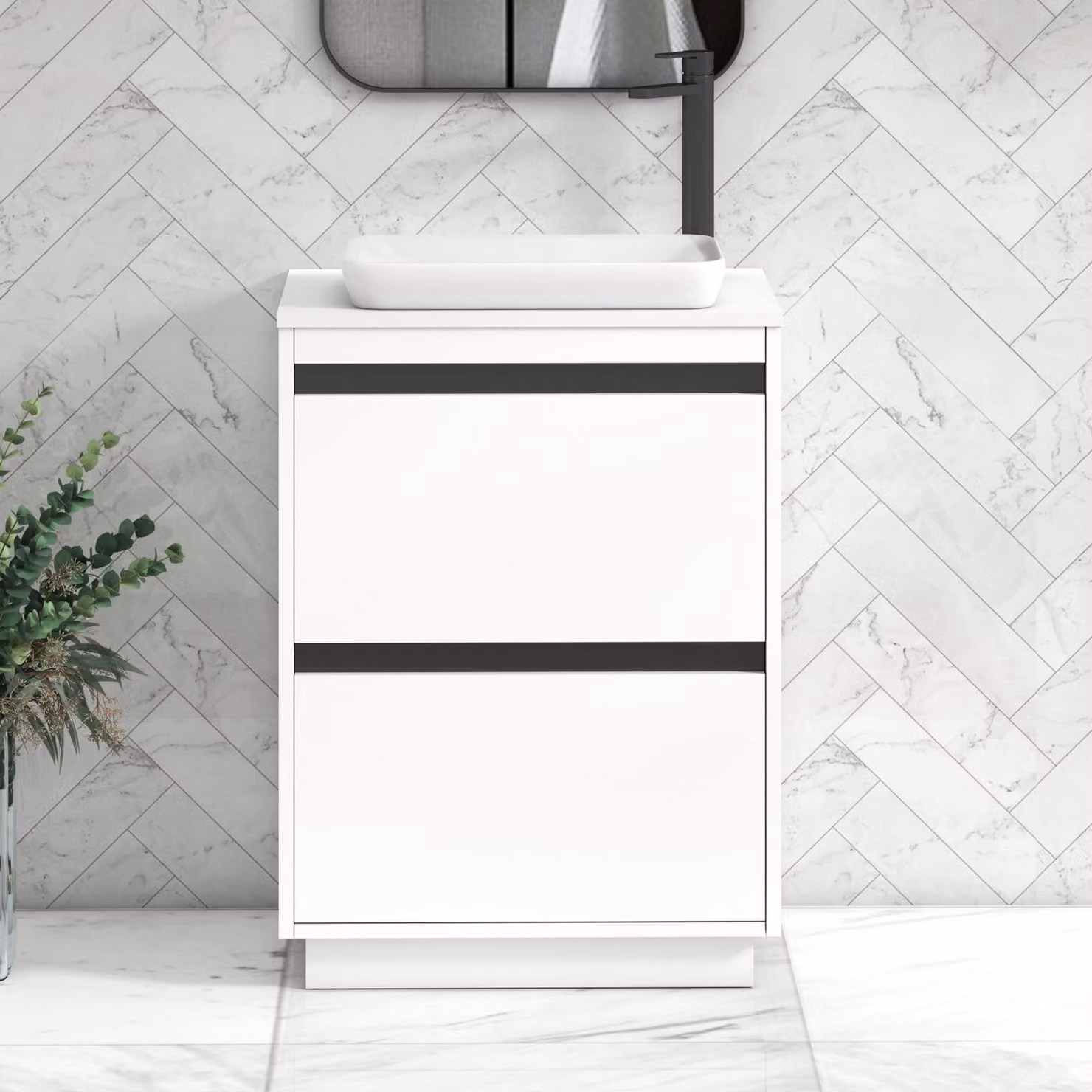 Royal Bathrooms Orion 600mm Matt White Floor Standing 2 Drawer Vanity Unit with Qubix Basin and Black Accent Trim