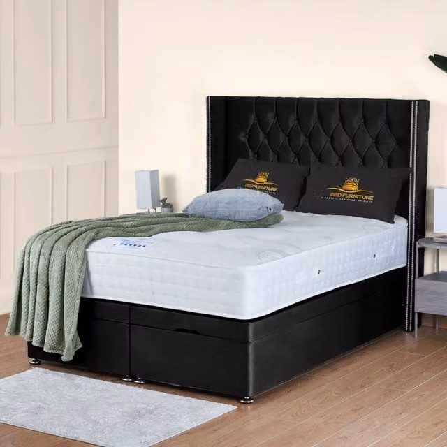 UK Bed Furniture Francesca End Lift Divan Ottoman Bed with 54 Inch Diamond Headboard in Black Velvet, W/D/H: 120 x 200 cm