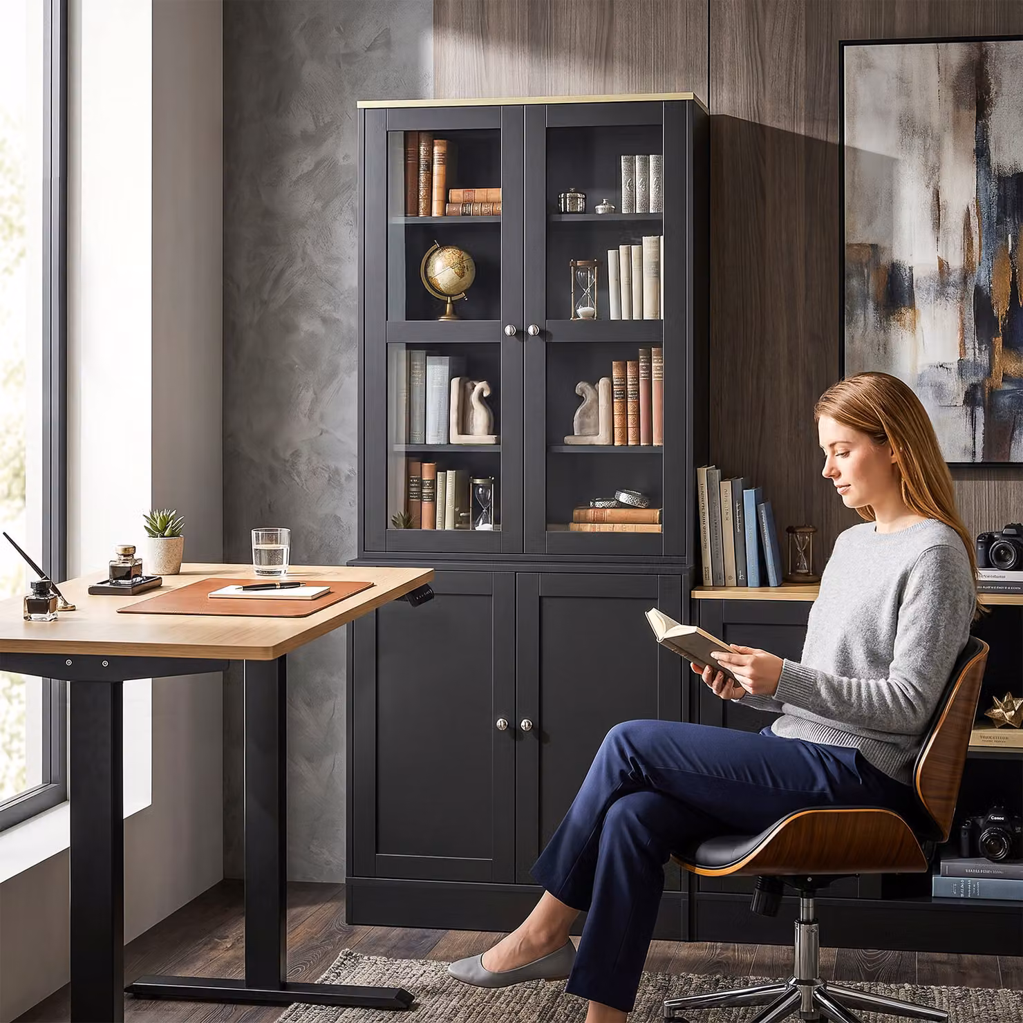 HOMCOM Modern Black Bookcase Display Storage Unit with Glass Doors and Adjustable Shelves, H: 179.0 cm, W: 76.0 cm, D: 30.0 cm – 6