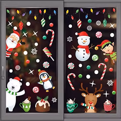 WALPLUS Christmas Window Stickers, 64 Piece Reusable Double-Sided Decals for Glass, Multicolour