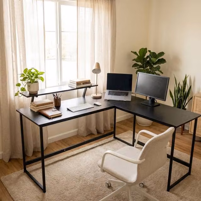 Abrihome L-Shaped Corner Office Computer Desk in Black Industrial Rustic Style