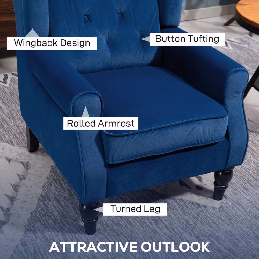 Wyld Haus Topano Blue Velvet Wingback Accent Armchair with Diamond Button Tufting, H 86 cm x W 74 cm x D 102 cm – 4