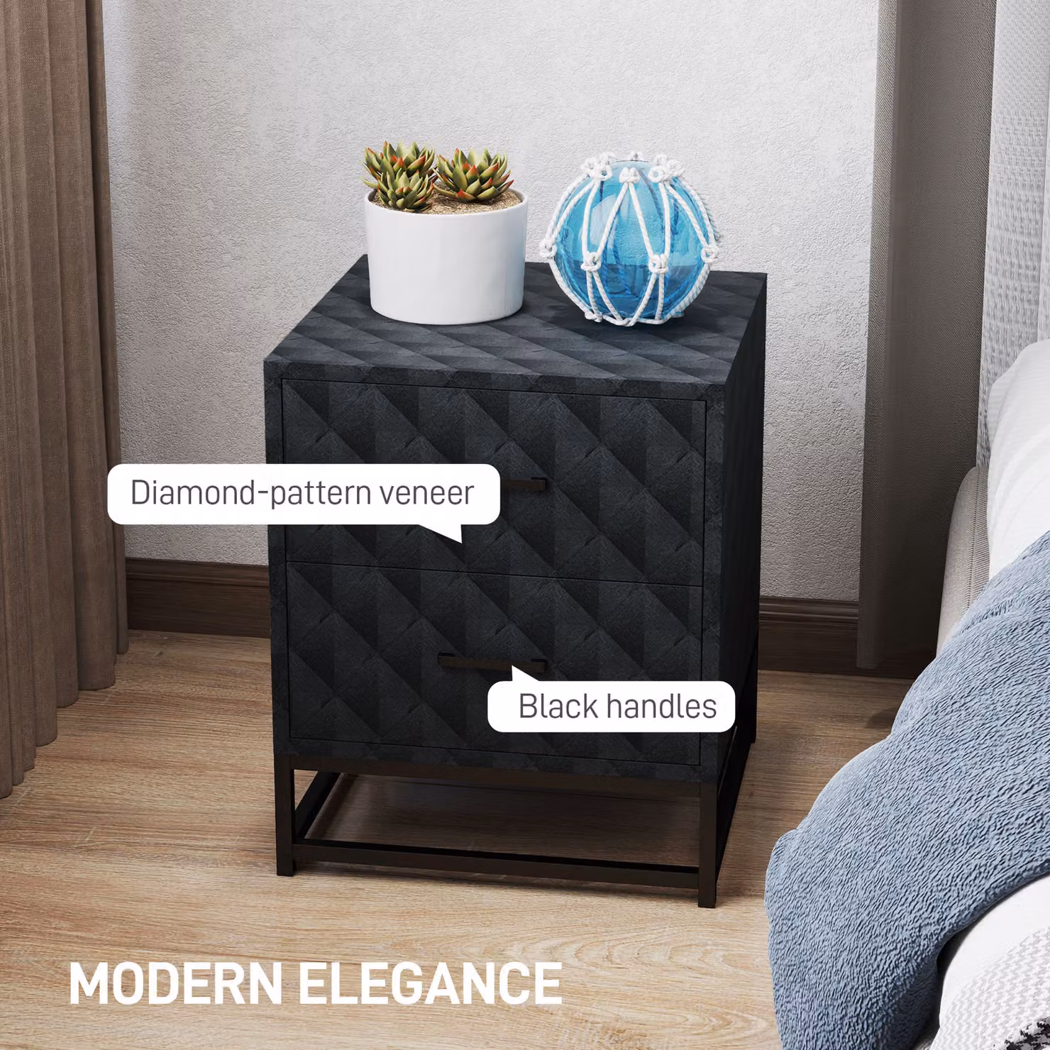 HOMCOM Set of 2 Modern Black Bedside Tables with 2 Drawers and Steel Legs – 4